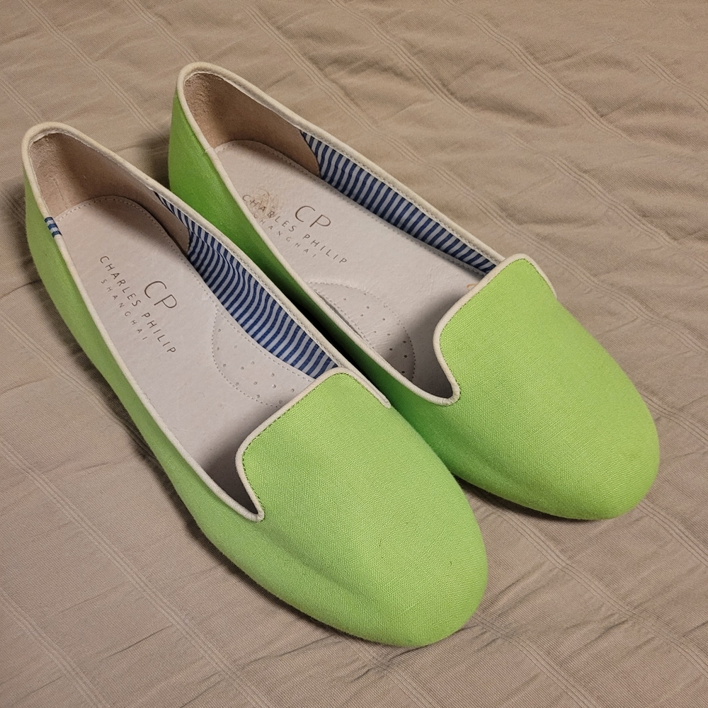 NEW Charles Phillip Light Green Canvas Venetian Loafers, 7.5 preppy chic